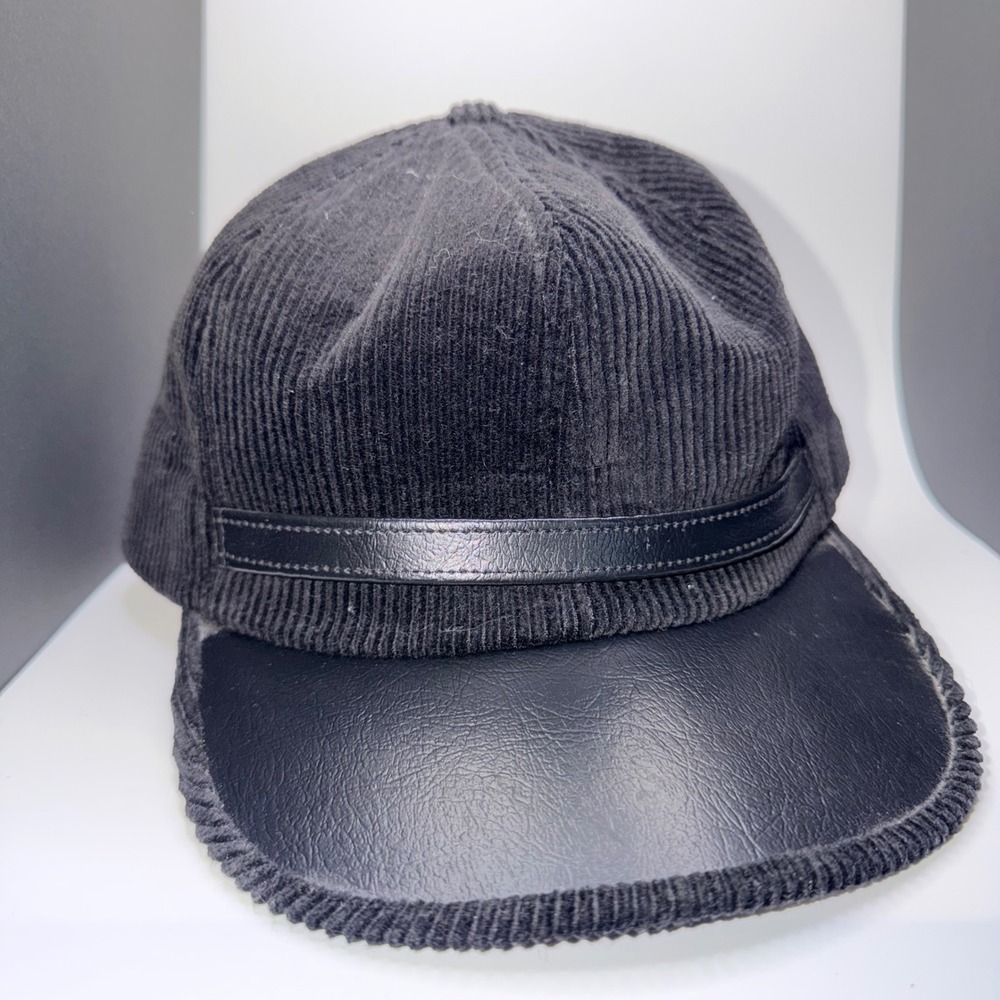 Vintage P Made in USA Corduroy Faux Leather Baseball Cap Large Black Hat